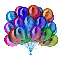 Colorful helium balloons. Multicolored glossy balloon bunch birthday decoration, party invitation background. 3d illustration