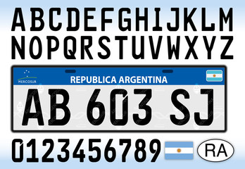 Argentina car license plate, letters, numbers and symbols, Mercosur style
