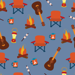 Camping items on a blue background - seamless vector pattern. Part of my 