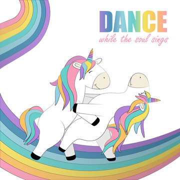 Card whith two unicorns that dance on the rainbow cartoon
