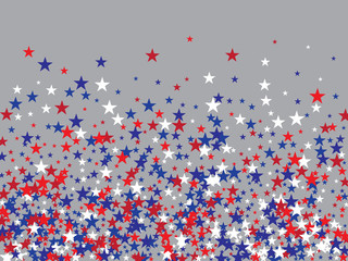 Patriotic 4th of July, Independence Day of America Stars Confetti. Flying Stars Texture, US Blue, Red, White Confetti Banner. USA Independence Day, 4th of July, National Symbols Banner Background.