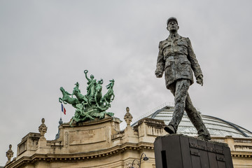 Monument to French general and statesman Charles de Gaulle on the Avenue des Champs-Elysees, in...
