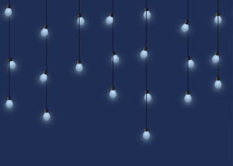 Glowing bulb garland, decorative light garland on dark background, footer and banner lamps, vector illustration