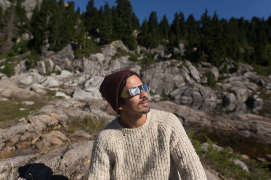 Man Wearing Solar Eclipse Glasses Observing 2017 Total Solar Ecl