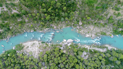 River in the mountain aerial view.