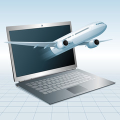 Air flight concept design, vector drawn jet airplane breakthrough laptop.