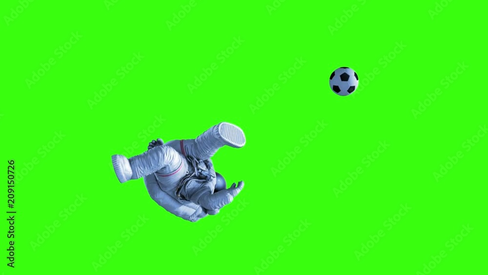 Wall mural astronaut shoots on goal on a green background and in outer space. beautiful abstract 3d animation. 