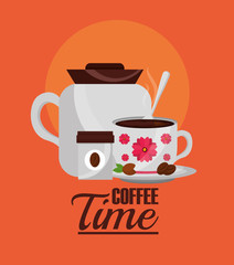 coffee time- coffee maker and decorative flower in cup vector illustration