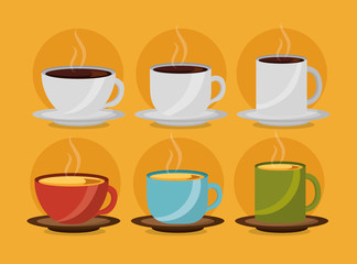 white and colored coffee and tea cups collection vector illustration