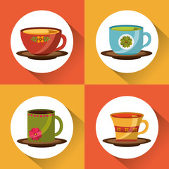 set of decorative flower in tea cups in dish vector illustration