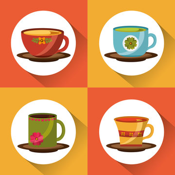 set of decorative flower in tea cups in dish vector illustration