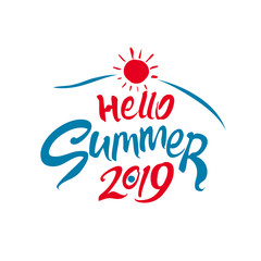 Hello Summer. 2019. Seasonal logo with sun. Vector lettering template. 