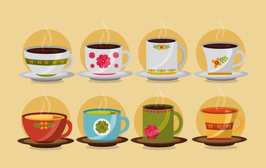 decorative flower cups coffee and tea collection vector illustration