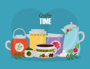 coffee maker and cup with sugar seeds and flower decoration vector illustration