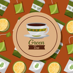 green tea foral ceramic cup and lemon teabag background vector illustration