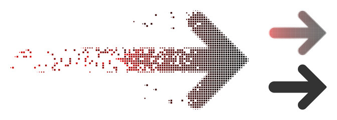 Vector arrow right icon in dissolved, dotted halftone and undamaged solid variants. Disintegration effect involves square particles and horizontal gradient from red to black.