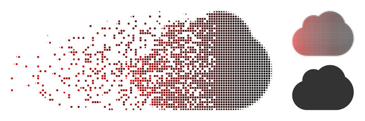 Vector cloud icon in sparkle, dotted halftone and undamaged solid versions. Disintegration effect uses square dots and horizontal gradient from red to black.