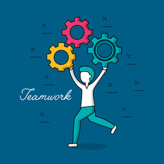 people teamwork boy running holding many  gears  vector illustration
