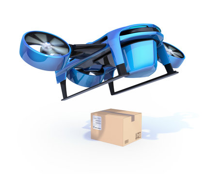 Metallic blue VTOL drone carrying delivery packages takeoff from white background. 3D rendering image.