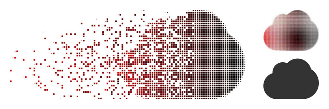 Vector cloud icon in sparkle, dotted halftone and undamaged solid versions. Disintegration effect uses square dots and horizontal gradient from red to black.