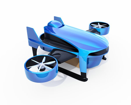 Blue VTOL drone with delivery packages on white background. 3D rendering image.