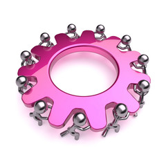 Pink gear wheel teamwork characters, cogwheel business process. Team work men workers turning gearwheel together. Partnership, manpower community concept. 3d illustration