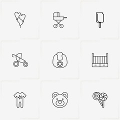 Kids line icon set with balloons, baby carriage and baby overalls