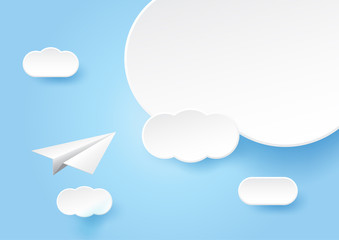 White paper plane flying on clouds and blue sky background.Paper art vector illustration.