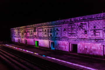 Light show at Nun's Quadrangle (Cuadrangulo de las Monjas) building complex at the ruins of the ancient Mayan city Uxmal, Mexico