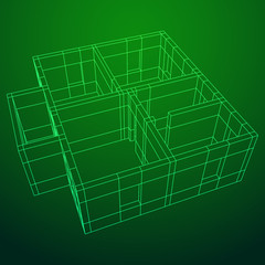 Abstract architecture building. Plan of modern house. Wireframe low poly mesh construction.