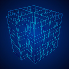 Abstract architecture building. Plan of modern house. Wireframe low poly mesh construction.