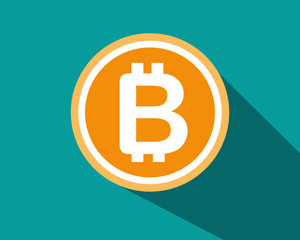 Bitcoin icon symbol vector flat design and long shadow.