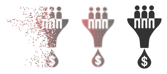 Vector sales filter icon in sparkle, dotted halftone and undamaged solid variants. Disintegration effect involves rectangle sparks and horizontal gradient from red to black.