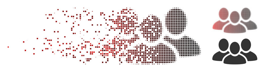 Vector user group icon in dissolved, dotted halftone and undamaged solid variants. Disappearing effect uses rectangle particles and horizontal gradient from red to black. - obrazy, fototapety, plakaty