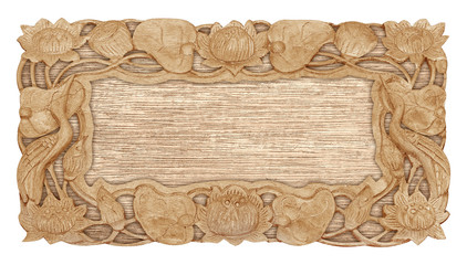 wooden frame, pattern of flower carved on white background