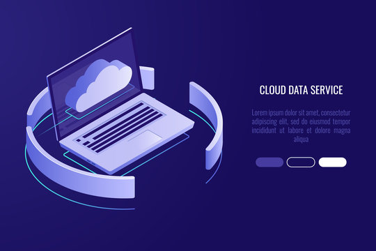 Cloud server banner, laptop with cloud icon isometric vector