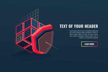 Concept of protection digital data, database and server data guarding, blockchain, program blocks, shield isometric vector