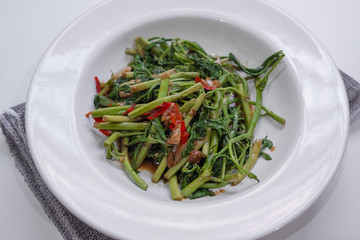 Fried water minosa white plate food thai style
