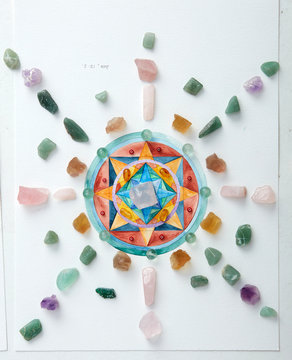 Mandala pattern, watercolor painting. with crystal