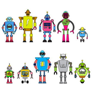 Set Of different cartoon robots characters ,spaceman cyborg isolated on white background. Vector illustration