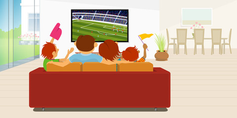 Family of 4 members sitting on a red sofa in their living room inside their house watching a soccer game on a large flat television during the day. Vector image
