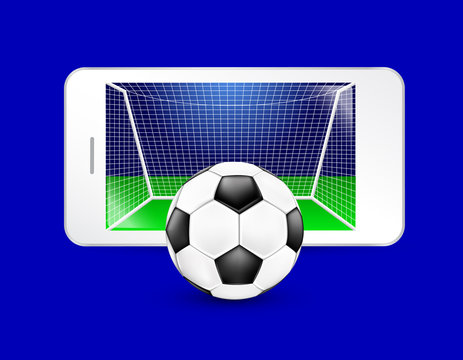 Soccer ball and goal on a smartphone screen. Watching soccer and betting online concept. Illustration isolated on white background.