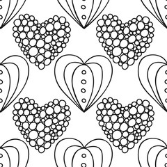 Decorative hearts. Black and white illustration for coloring book or page. Seamless pattern, love background.