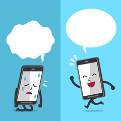 Vector cartoon smartphone character expressing different emotions with white speech bubbles for design.