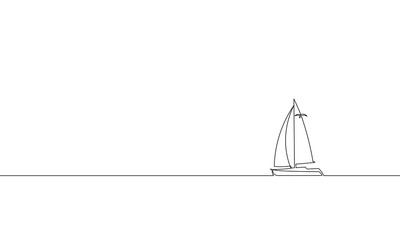 Single continuous one line art ocean travel vacation. Sea voyage holiday tropical island ship yacht luxury journey concept design sketch outline drawing vector illustration