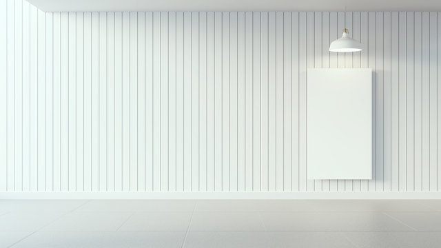 Empty white poster on white wooden wall and interior design / 3d render image