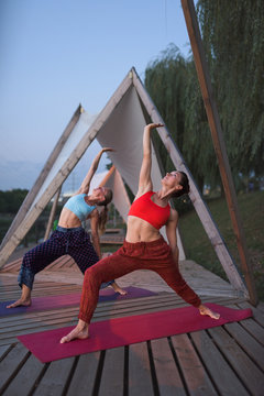 Young beautiful women standing in warrior pose outdoor in the dusk