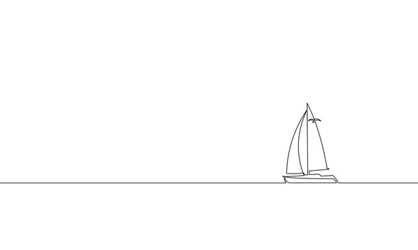 Single Continuous One Line Art Ocean Travel Vacation. Sea Voyage Holiday Tropical Island Ship Yacht Luxury Journey Concept Design Sketch Outline Drawing Vector Illustration