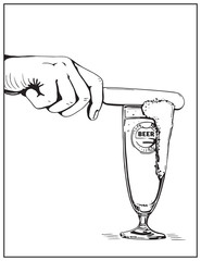 Vector illustration of a hand with a knife removing foam from a beer mug. Drink with a lot of foam