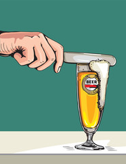 Vector illustration of a hand with a knife removing foam from a beer mug. Drink with a lot of foam